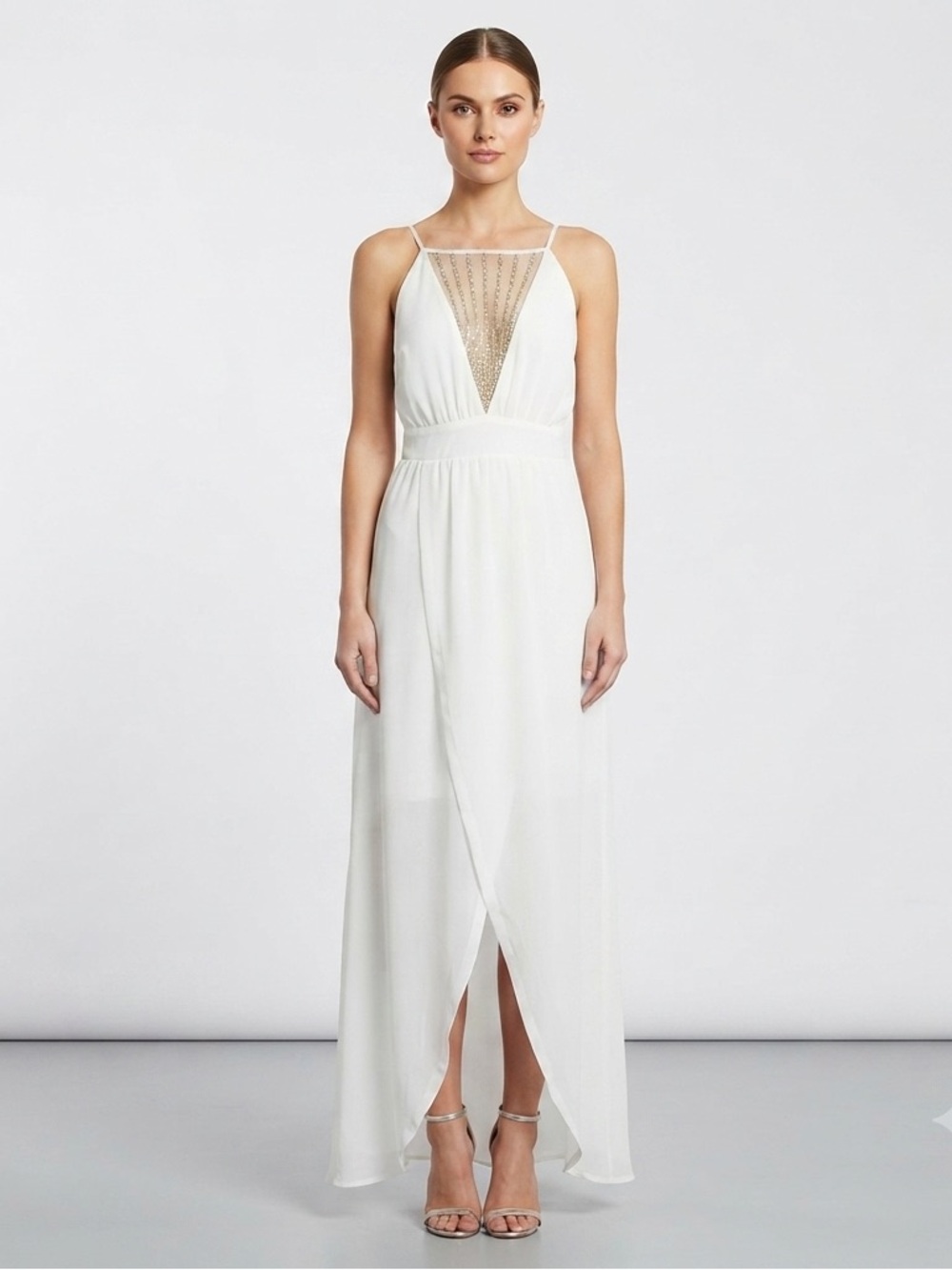 Sheri Bodell Ivory Silk Crystal Illusion Open Back Maxi Gown NWT Size M